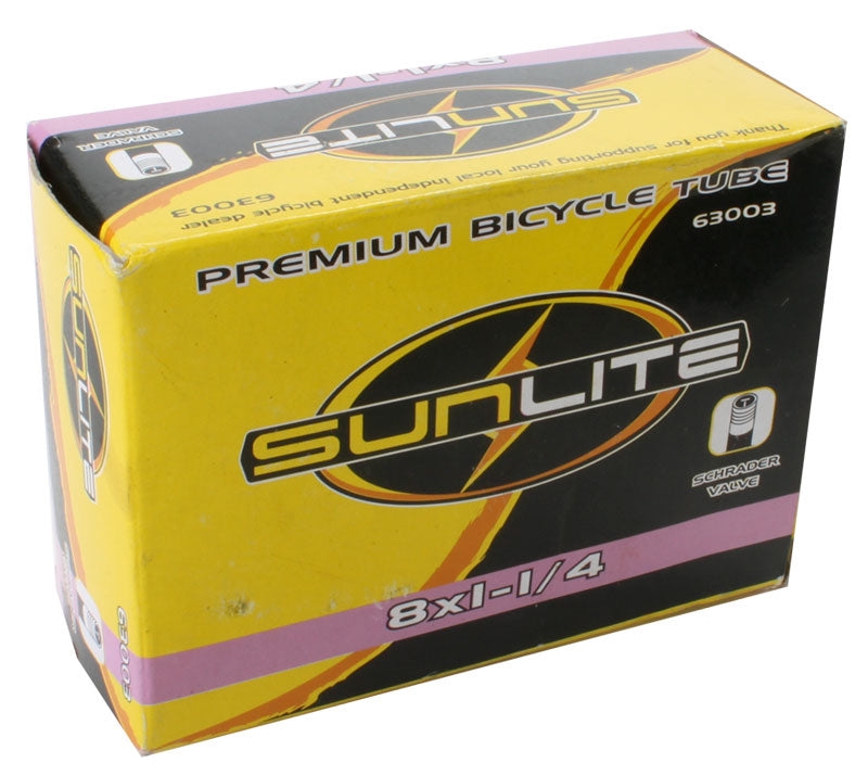 8x1-1/4 Bicycle Inner Tube with Straight Valve in Sunlite packaging, displayed in a yellow box with a prominent logo.