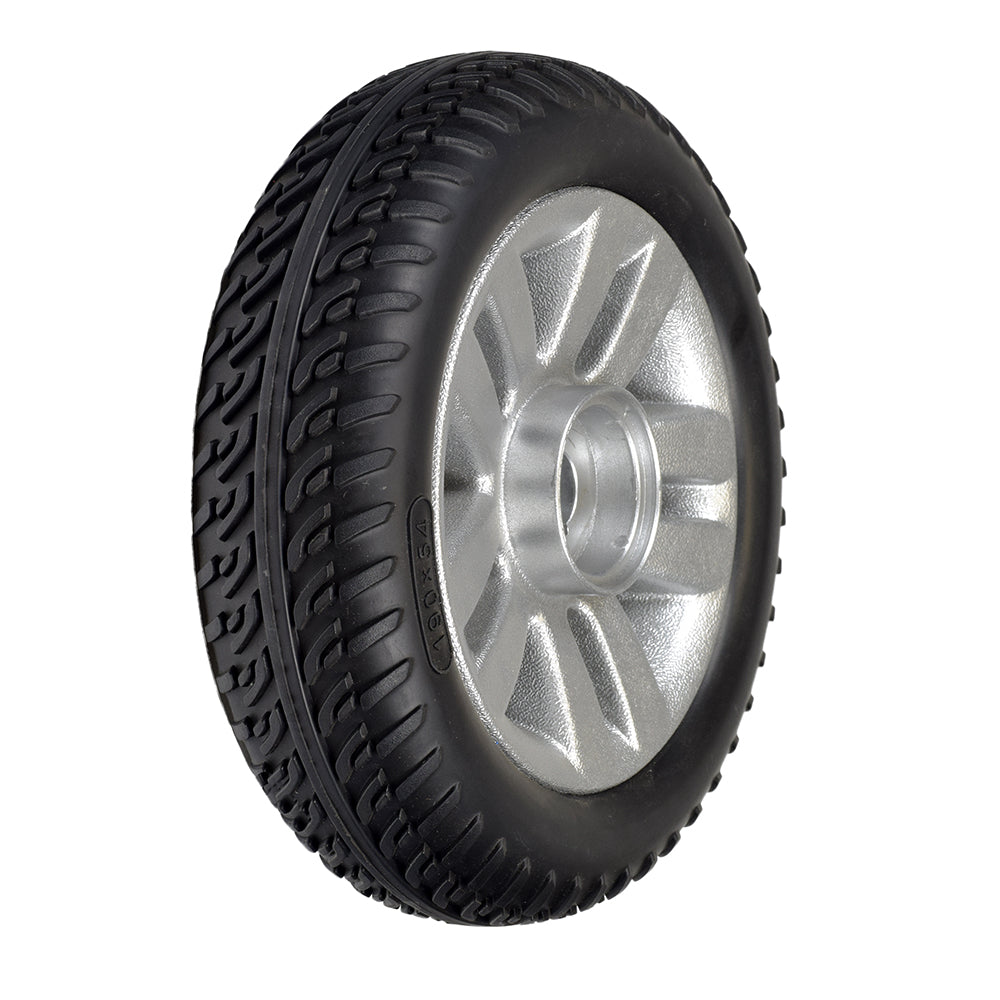 8 x 2 Flat-Free Rear Wheel Assembly with Black Tire for the ActiveCare Spitfire 1310 & 1410, featuring a close-up of a silver rim and black tire with tread.