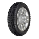 8 x 2 Flat-Free Rear Wheel Assembly with Black Tire for the ActiveCare Spitfire 1310 & 1410, featuring a close-up of a silver rim and black tire with tread.