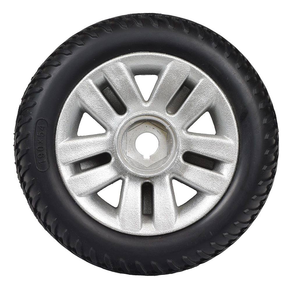 8 x 2 Flat-Free Rear Wheel Assembly with Black Tire for the ActiveCare Spitfire 1310 & 1410, featuring a black tire with a silver rim, designed for later models.