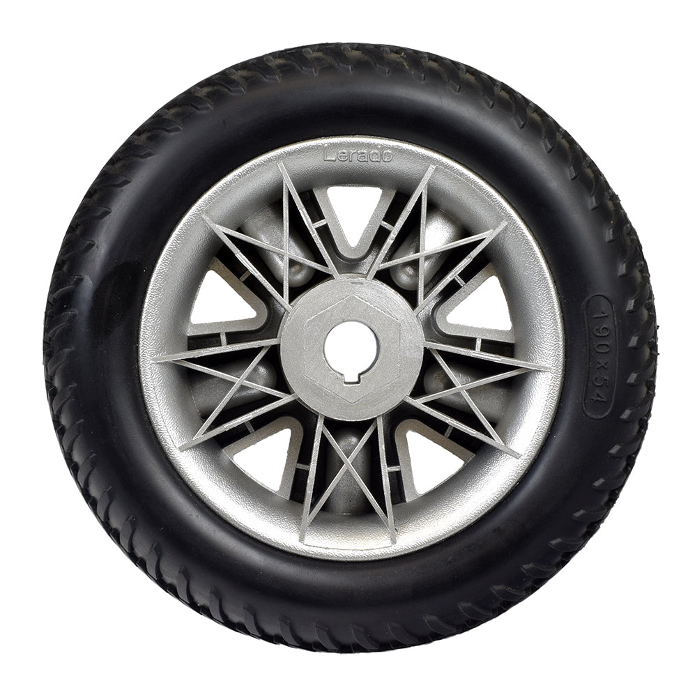 8 x 2 Flat-Free Rear Wheel Assembly with Black Tire for the ActiveCare Spitfire 1310 & 1410, featuring a silver rim and a black tire, ideal for second generation Spitfire scooters.