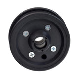 2-Piece Caster Wheel Hub for Invacare Power Chairs, showing a close-up of the black round hub with visible screws, designed for compatibility with 8x2 and 6x2 solid urethane tires.