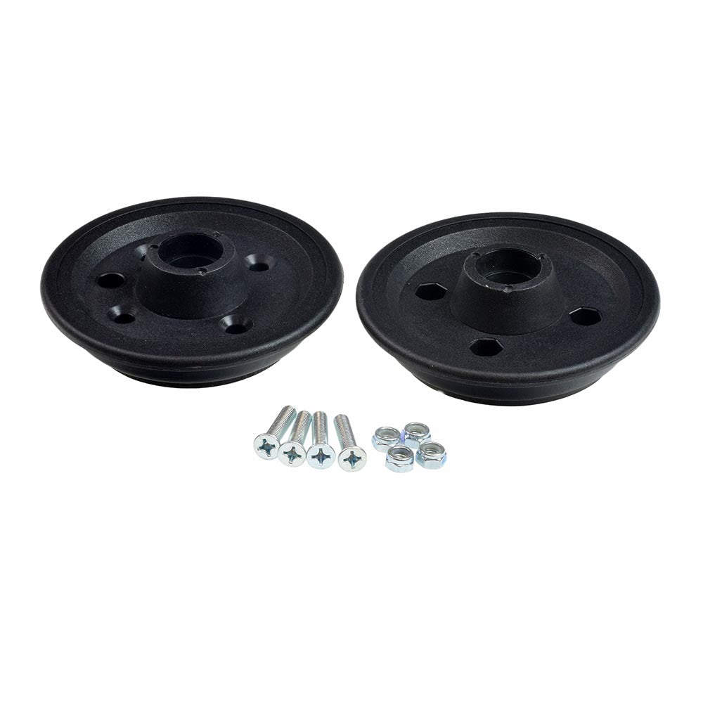 2-Piece Caster Wheel Hub for Invacare Power Chairs, showing black metal components, bolts, and screws, compatible with 8x2 and 6x2 solid urethane tires, designed for seamless caster wheel assembly.