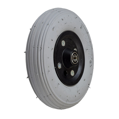 8x2 (200x50) Foam-Filled Caster Wheel Assembly with Bearings for Invacare Power Chairs, featuring a black rubber tire and silver rim, designed for flat-free, reliable use on various models.