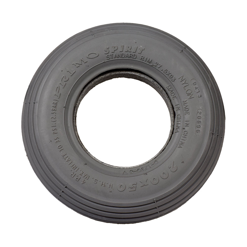 8x2 (200x50) Heavy Duty Foam-Filled Mobility Tire with C179G Spirit Ribbed Tread, showcasing a close-up of the ribbed tread and central hole designed for mobility scooters and power chairs.