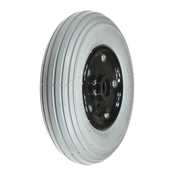 8x2 (200x50) Pneumatic Merits-Style Caster Wheel Assembly without Bearings featuring a black rim, circular shape, and a central hub with a 29/32 hole, suitable for transport and auto parts.