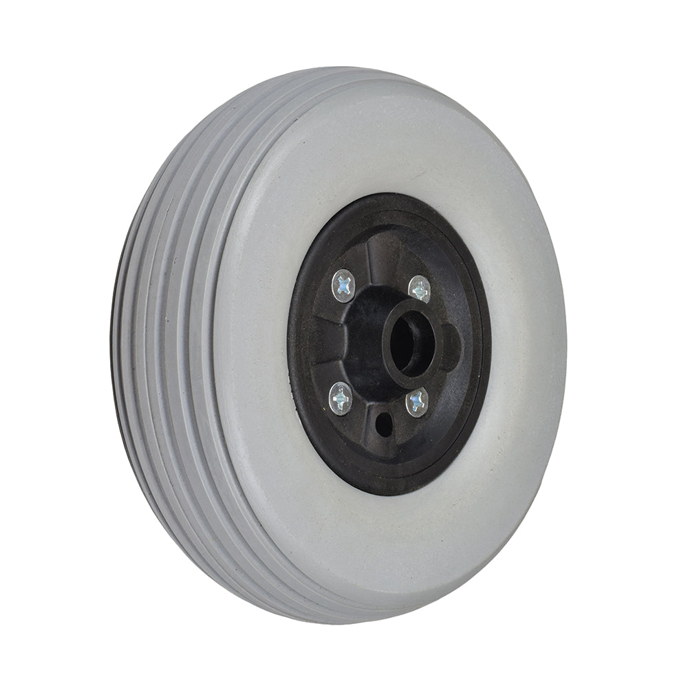 8 x 2-1/4 Solid Urethane Caster Wheel Assembly for Mobility Scooters & Power Chairs, featuring a black rim and solid urethane tire, shown close-up without the 5/16 bearings.