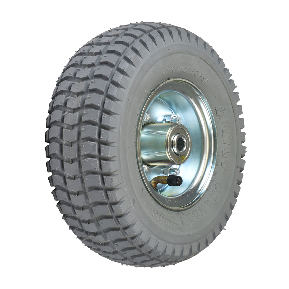 9x3.50-4 Pneumatic Front Wheel Assembly for PaceSaver Atlas, Espree Titan, and Plus III, showcasing a close-up of the tire, inner tube, split-rim, and bearings for easy replacement.