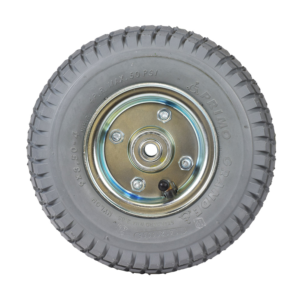 9x3.50-4 Pneumatic Front Wheel Assembly for PaceSaver Atlas, Espree Titan, and Plus III, featuring a metal rim, tire, inner tube, split-rim, and bearings.