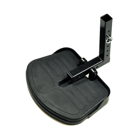 9.55 Footrest Platform Assembly for Jazzy 1103 and 1143, featuring a black metal stand with a metal pole and a black foot pedal on a metal base, designed for power chairs post-September 14, 2004.