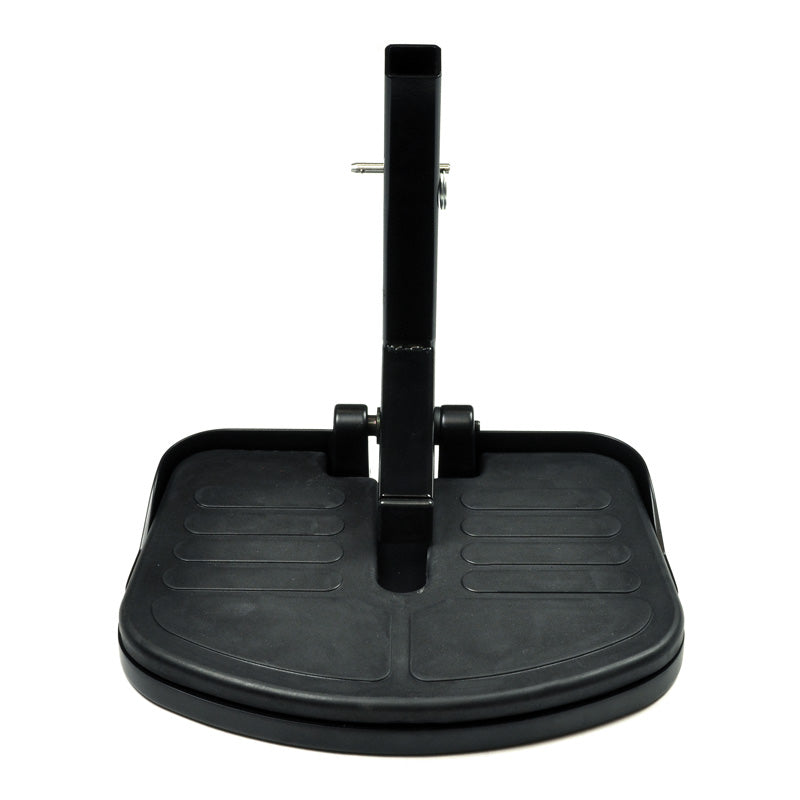 9.55 Footrest Platform Assembly for Jazzy 1103 and 1143, featuring a black stand with a metal pole and a black plastic footrest. Compatible with power chairs made after September 14, 2004.