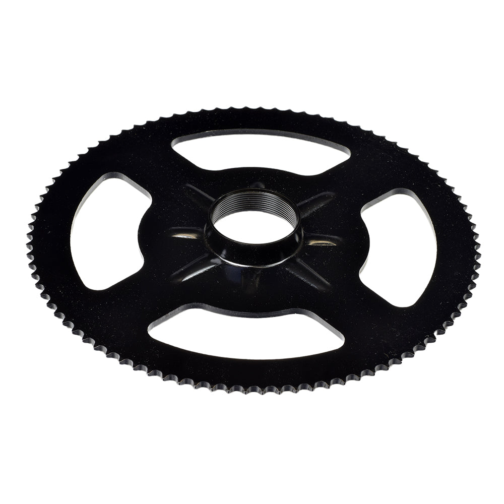 #25 Chain Sprocket - 90 Tooth - Single Threaded Mounting Hole, featuring a black gear with a central threaded hole, compatible with Currie Technologies electric scooters.