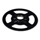 #25 Chain Sprocket - 90 Tooth - Single Threaded Mounting Hole, featuring a black gear with a central threaded hole, compatible with Currie Technologies electric scooters.