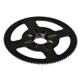 #25 Chain Sprocket - 90 Tooth - Single Threaded Mounting Hole. This black gear features a central threaded hole and is designed for Currie Technologies electric scooters.