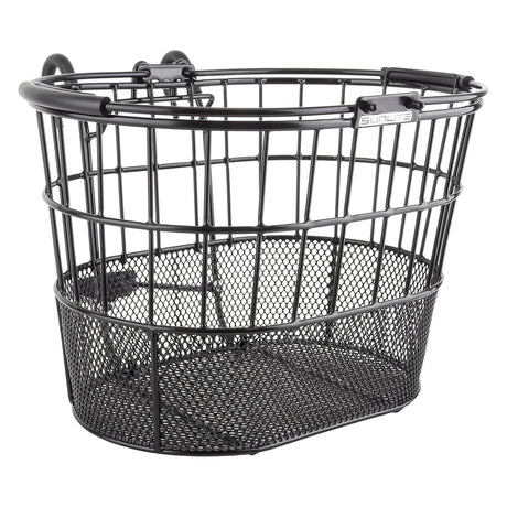 Wire Lift-Off Basket with Oval Mesh Bottom, featuring a sturdy black design with a handle, perfect for carrying essentials while cycling or riding a scooter.