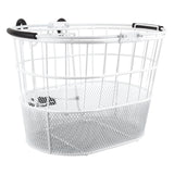 Wire Lift-Off Basket with Oval Mesh Bottom featuring black handles. Ideal for bikes or scooters, this white basket showcases a practical design for carrying items on the go.