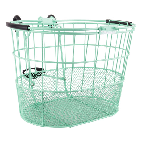 Wire Lift-Off Basket with Oval Mesh Bottom featuring black handles, ideal for carrying items while cycling or scooting. The basket is crafted from powder-coated steel mesh for durability and convenience.