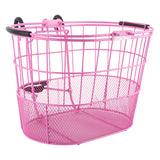 Wire Lift-Off Basket with Oval Mesh Bottom featuring black handles, ideal for carrying items while cycling or scootering. Made of powder-coated steel mesh, ensuring durability and convenience.