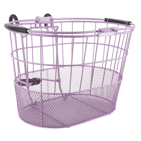 Wire Lift-Off Basket with Oval Mesh Bottom, featuring sturdy black handles. Ideal for cyclists or scooter riders, this powder-coated steel mesh basket offers convenience and versatility for carrying essentials.