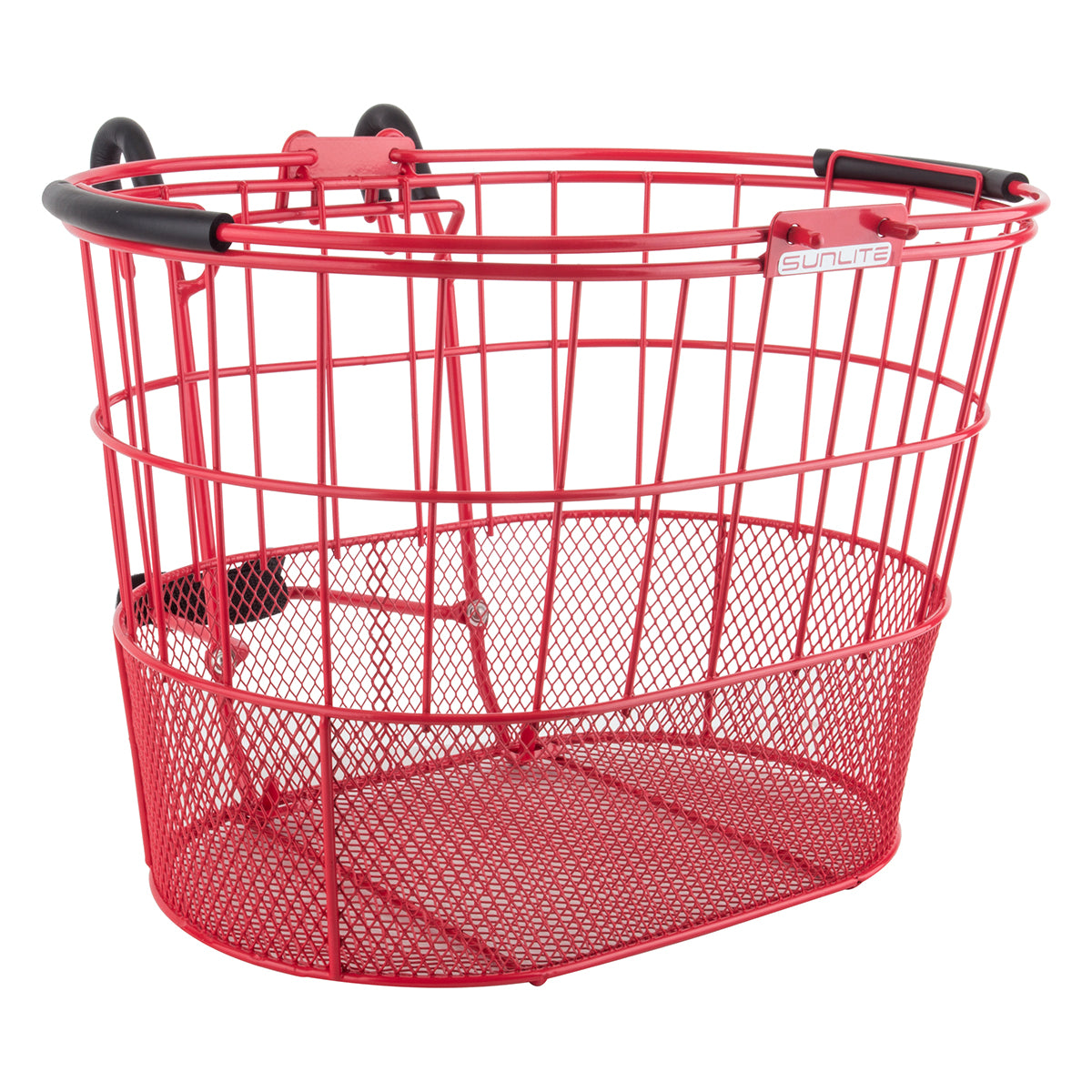 Wire Lift-Off Basket with Oval Mesh Bottom, featuring a red wire frame and sturdy black handles, ideal for carrying items while cycling or scootering.