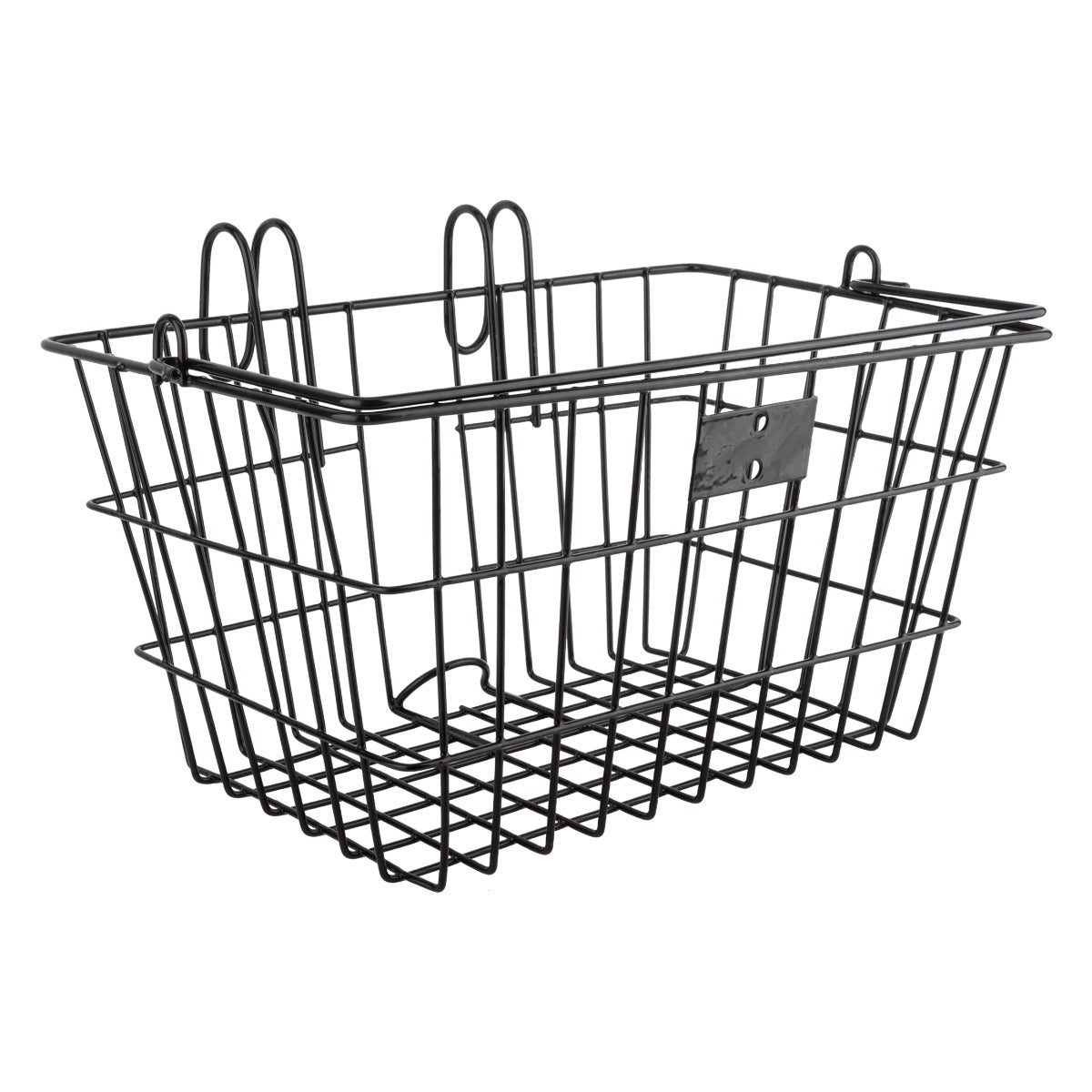 Lift-Off Front Basket for Bikes & Scooters: A black wire basket with a handle and two hooks, designed for easy attachment to handlebars. Features strong, lightweight powder-coated steel construction.