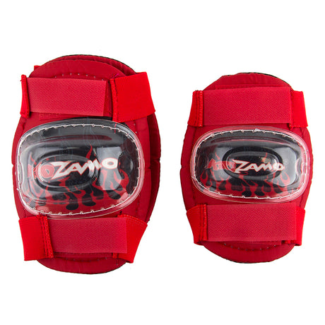 Knee & Elbow Pads Set for Bikes & Scooters: A pair of red knee pads featuring clear plastic patches, designed for child safety during biking or scootering.