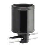 Kroozie Cups 2.0 Stainless Steel Cup Holder: A black cylinder with a black cap, mounted on a metal rod, designed for handlebars, ideal for beach cruisers, single-speed bikes, e-bikes, and more.