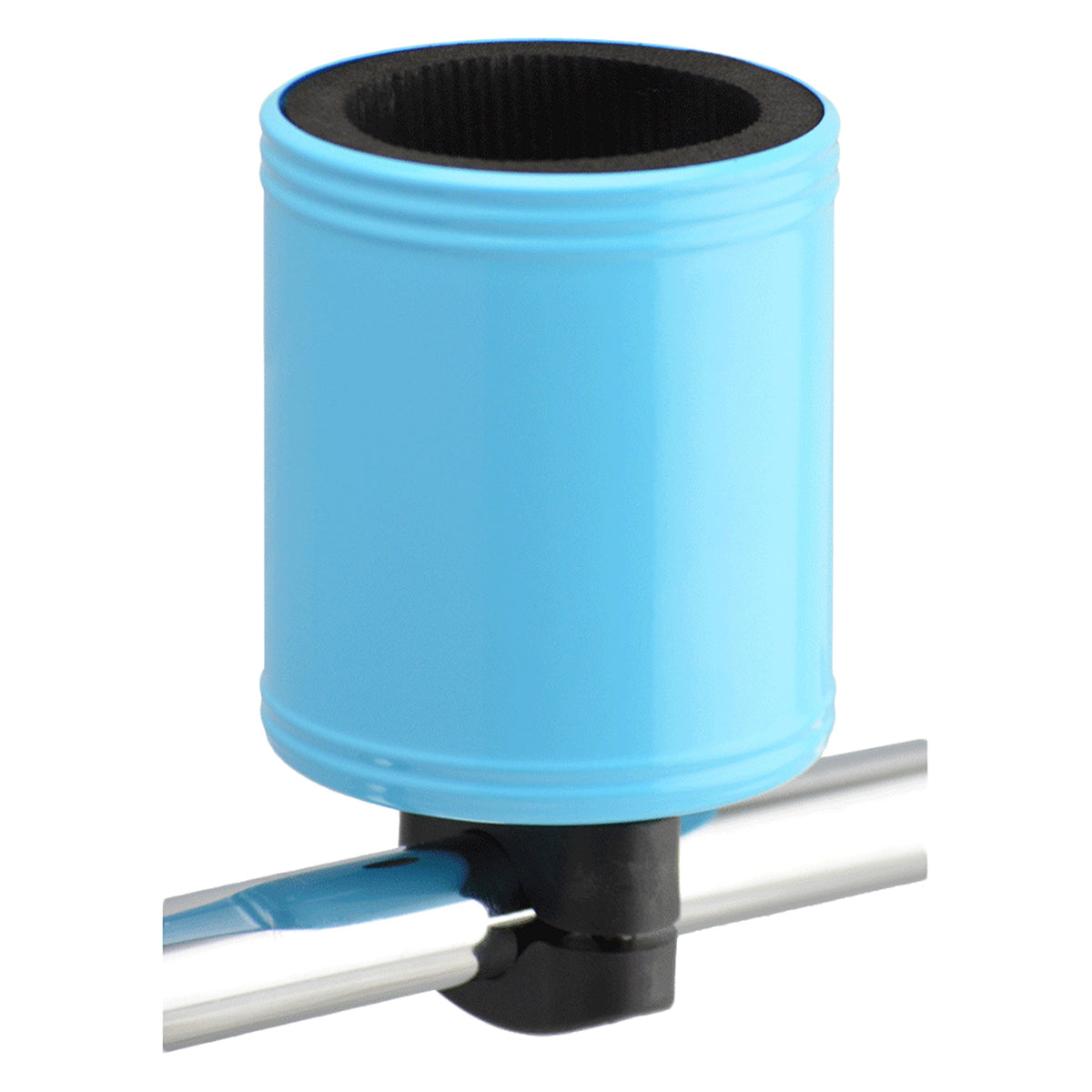 Kroozer Cups 2.0 Stainless Steel Cup Holder shown as a blue cylindrical object with a black interior, mounted on a metal handlebar.