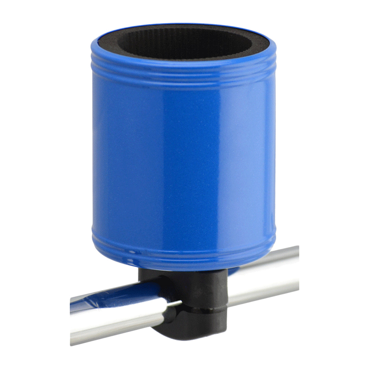 Kroozer Cups 2.0 Stainless Steel Cup Holder: A close-up of a blue cylindrical drink holder with a black interior, mounted on a metal rod, designed for handlebars.