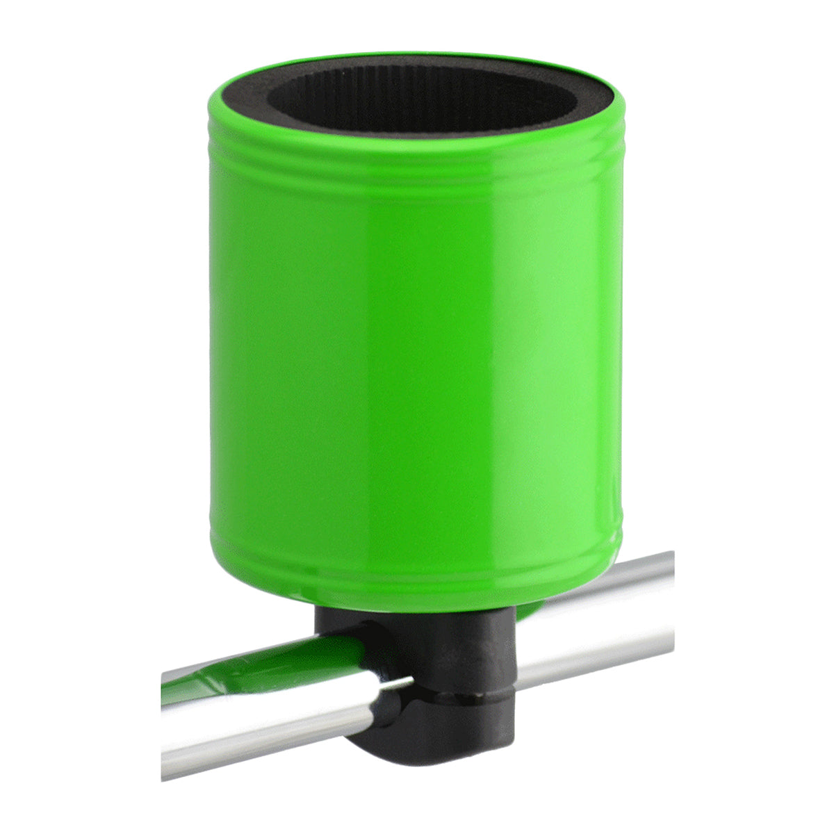 Kroozie 2.0 Stainless Steel Cup Holder: A green cylindrical holder with black accents, designed for handlebars, featuring a foam insert and sturdy attachment for various bike styles.