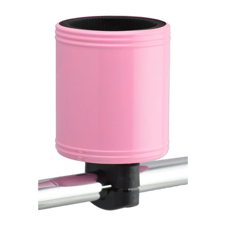 Kroozer Cups 2.0 Stainless Steel Cup Holder mounted on a handlebar, featuring a sleek cylindrical design with a foam insert for temperature control and a strong attachment for stability.