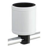 Kroozer Cups 2.0 Stainless Steel Cup Holder featuring a white cylinder design with a black foam interior, ideal for mounting on bicycle handlebars.