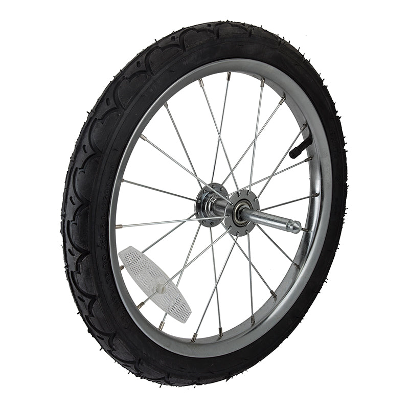 Replacement 16 Wheel for the 2018 Sunlite Pet Trailer, featuring a synthetic rubber tire, metal rim, and spokes, designed as an economical replacement for missing or unusable wheels on pet trailers.