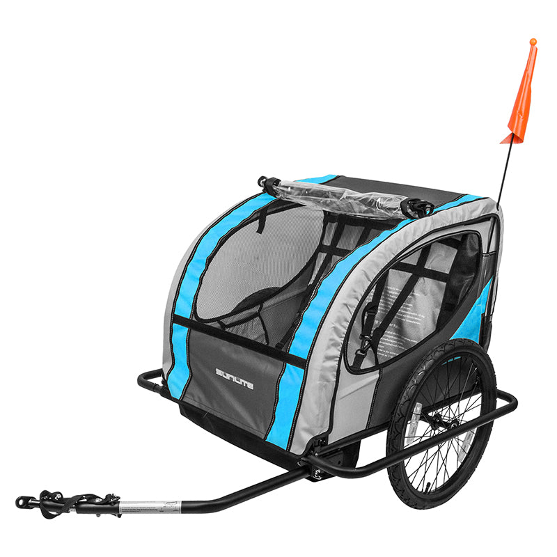 Convertible Jogger Stroller & Bike Trailer with a robust steel frame, adjustable 2-child seat, and 20 quick-release wheels, featuring a protective cover and a flag for visibility.