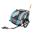 Trailer Tot Double Bike Trailer: A bicycle trailer with a steel frame, netted back, and blue and black cover, designed for two children with quick-release alloy wheels and adjustable seats.