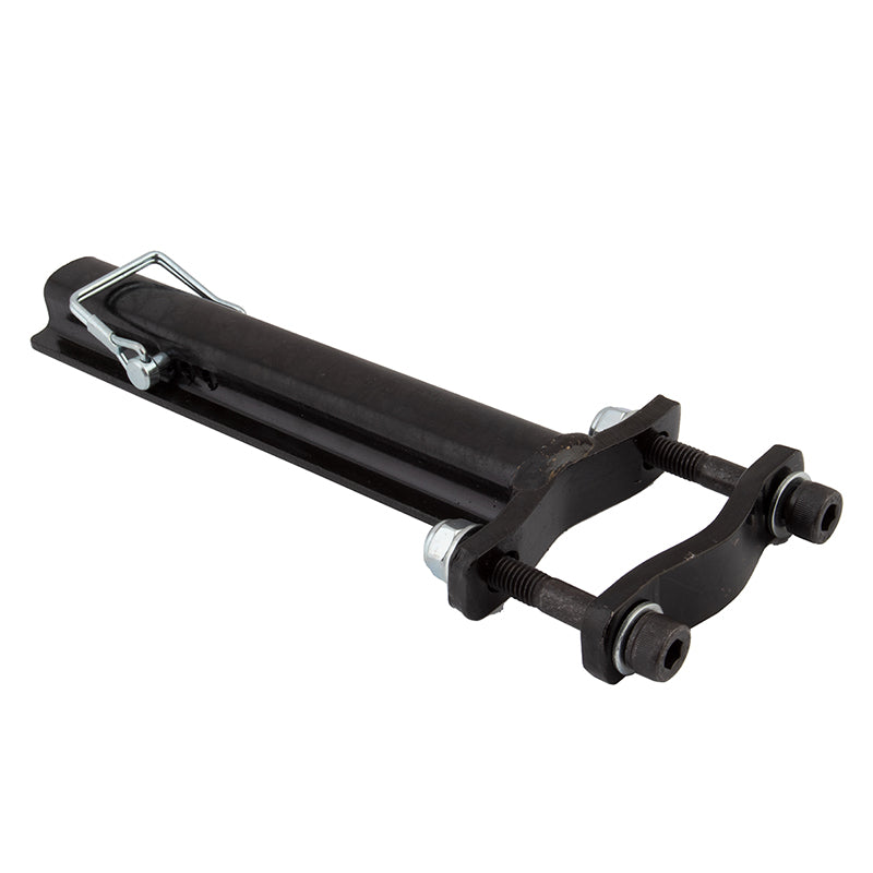 Safe-T-Seat T-Bar, a black metal object with screws, designed for effortless switching of the iBert Safe-T-Seat child carrier between bikes, ensuring strong and lightweight support.