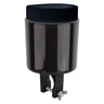 Can-2-Go Handlebar Mount Cup & Drink Holder: A black cylindrical drink holder with a secure cap, designed for attachment to bike or scooter handlebars, ensuring beverages are conveniently within reach while riding.