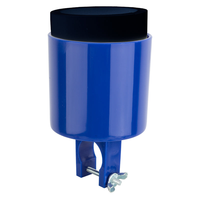 Can-2-Go Handlebar Mount Cup & Drink Holder showing a blue cup with a black lid, designed for secure attachment to bike or scooter handlebars.