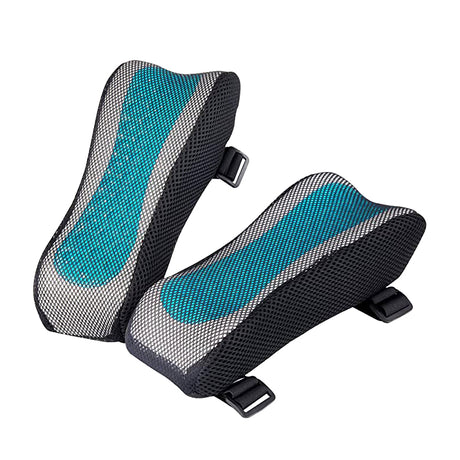 Memory Foam with Blue Gel Curved Armrest Pads for Wheelchairs, Power Chairs, & Scooters (Set of 2) featuring ergonomic design with hook & loop fastening, enhancing forearm, wrist, and hand comfort.