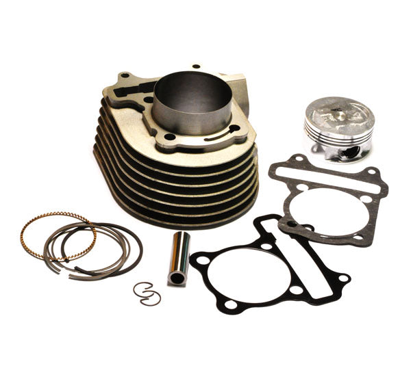 Close-up of the 158cc High Performance Cylinder Kit for 125cc & 150cc GY6 Scooter Engines by NCY, showcasing the metal cylinder, piston, and gaskets designed for easy bolt-on installation.