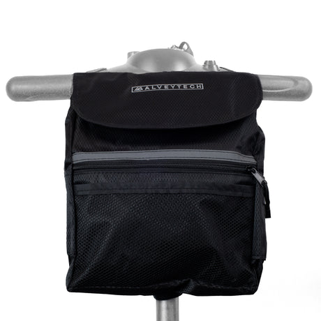 Removable Front Tiller Bag for Mobility Scooters, shown attached to a handlebar. The black nylon bag features a zipper and is designed for adding or replacing front storage on a mobility scooter.