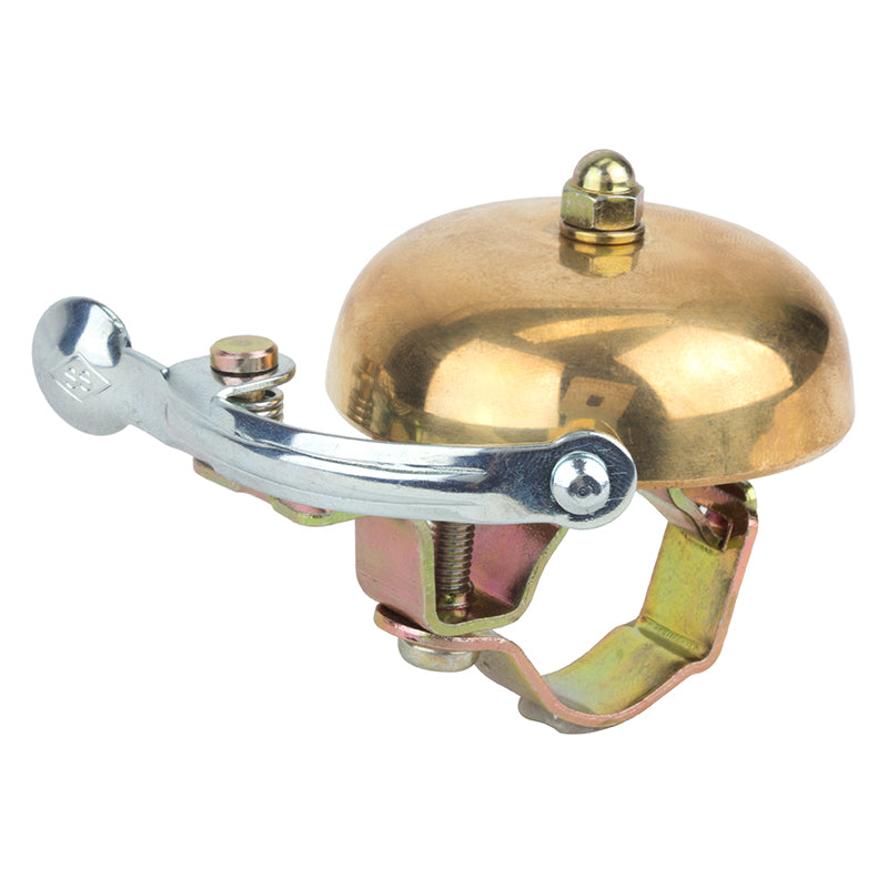 Time Clock Bell for Bikes & Scooters (Origin8) - close-up of a brass and silver metal bell with a robust steel base and all-metal mechanical parts, designed for durability and clear, distinctive tones.