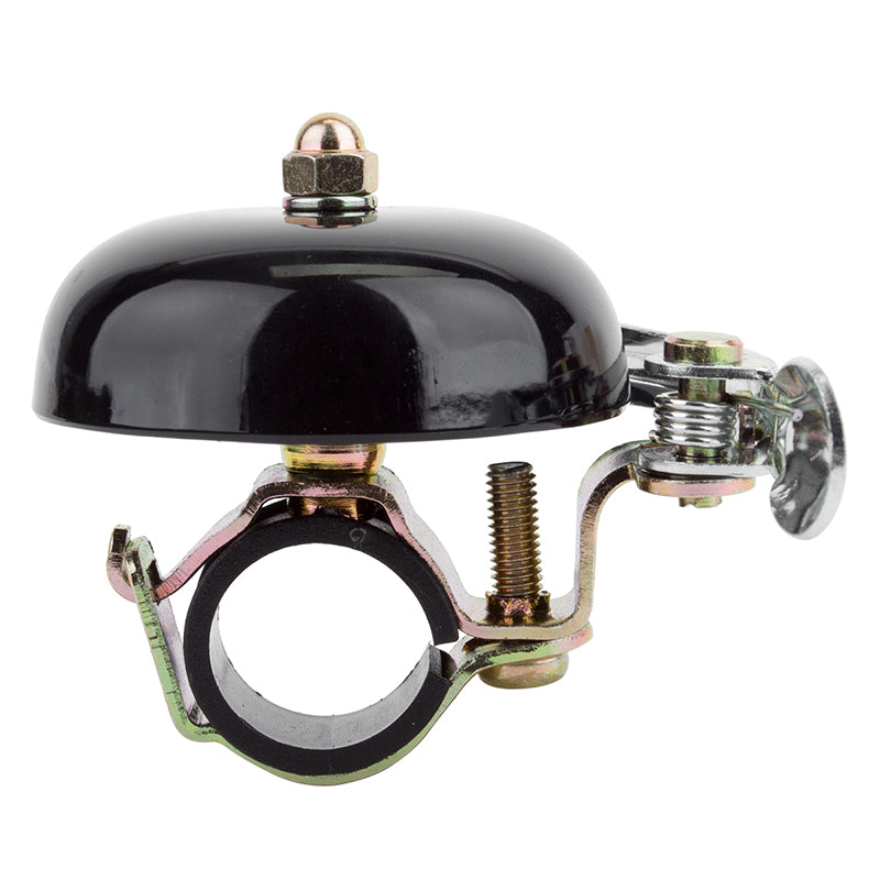 Time Clock Bell for Bikes & Scooters (Origin8), featuring a black metal bell with a screw, designed to fit standard handlebars for a clear, distinctive tone and enhanced durability.