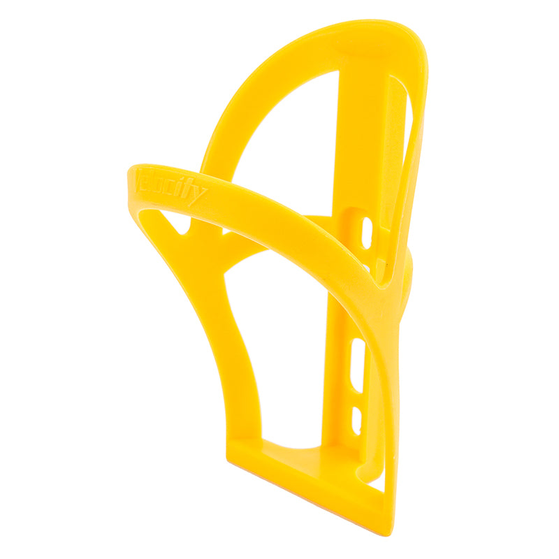 Velocity Polypropylene Bottle Cage, a lightweight and durable yellow holder designed for securely carrying water bottles, combining functionality and cost-effectiveness, ideal for cyclists seeking reliable performance.