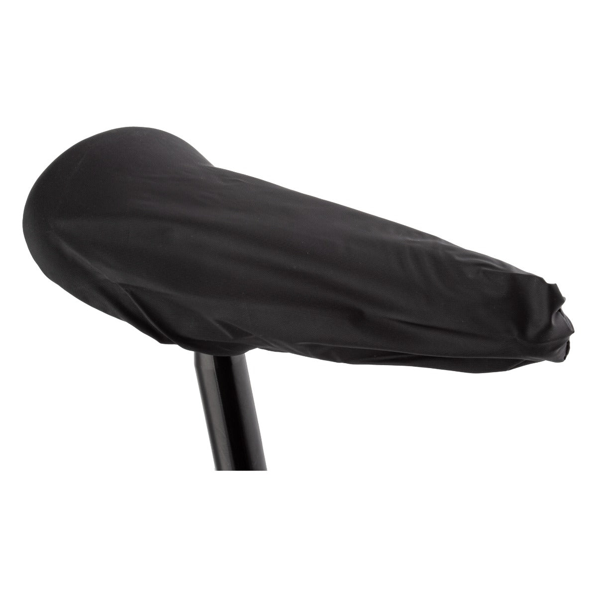 Nylon Waterproof Cover for Hybrid Style Seats shown on a bike seat, featuring a drawstring for a snug fit. Ideal for e-bikes, cruisers, MTBs, and street bikes.