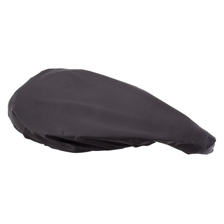 Nylon Waterproof Cover for Hybrid Style Seats shown in a close-up, showcasing its snug fit on a standard bicycle seat with a drawstring for securing.