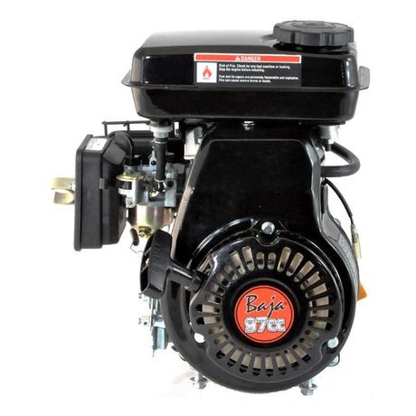 97cc 2.8 Hp (Honda GX100 Clone) Pit Bike Engine for Baja Blitz, Dirt Bug, Doodle Bug, & Racer Mini Bike, featuring a black engine with a red and black cover, close-up view.