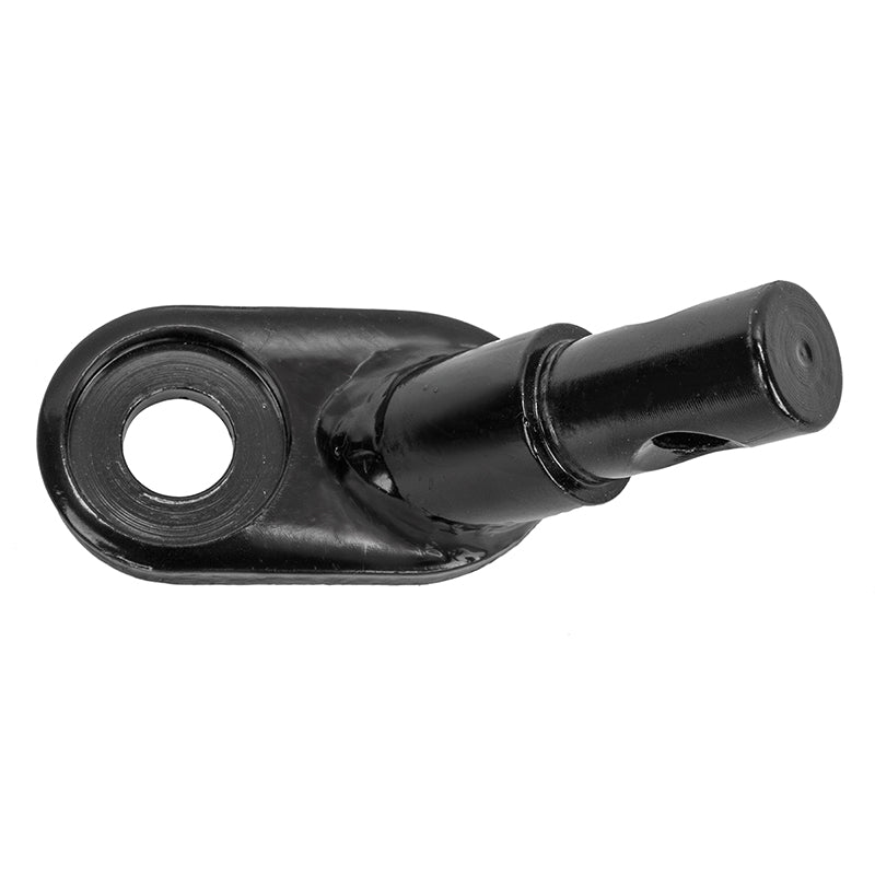 Close-up of a black metal Trailer Hitch for Trailer Tot Bike Trailers, featuring a hole for attachment and a robust quick release pin shackle for secure and easy bike-to-trailer connection.