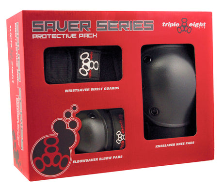 Pro Knee, Wrist, & Elbow Pad Set (Triple Eight) displayed in a box, featuring a close-up of black protective gear including knee pads, elbow pads, and wrist guards for skateboarding or kick scootering.