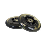 100 mm / 98 mm Replacement Flashing Light LED Kick Scooter Wheel with Bearings (Set of 2) showing a close-up of two black wheels, highlighting their design and structure.